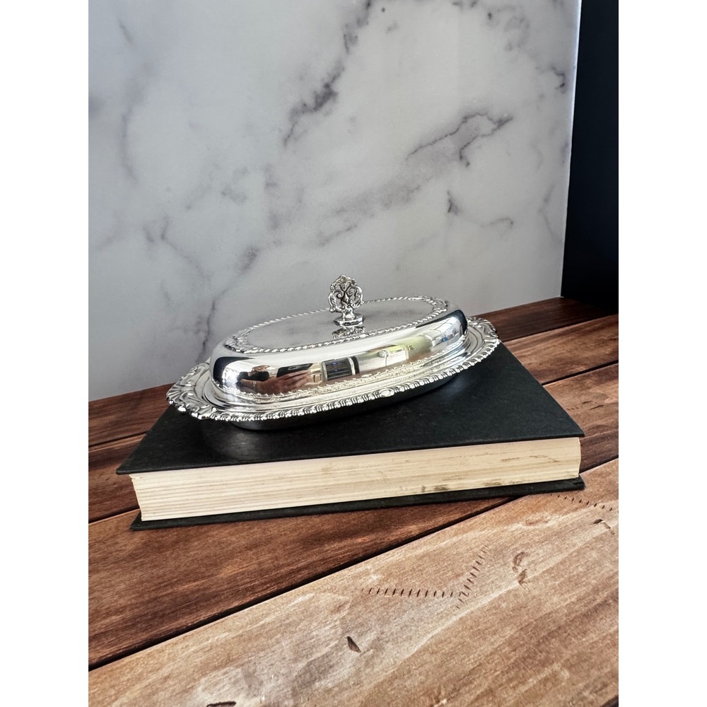 Sheridan Silver Plated Butter Dish with Glass Liner Vintage Oval Domed Lid